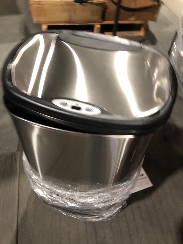 Photo 1 of NINESTARS CB-DZT-50-13/12-13 Automatic Touchless Infrared Motion Sensor Trash Can Combo Set, 13 Gal 50L & 3 Gal 12L, Stainless Steel Base (Oval, Silver/Black Lid)