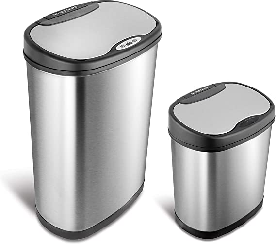 Photo 1 of NINESTARS CB-DZT-50-13/12-13 Automatic Touchless Infrared Motion Sensor Trash Can Combo Set, 13 Gal 50L & 3 Gal 12L, Stainless Steel Base (Oval, Silver/Black Lid)