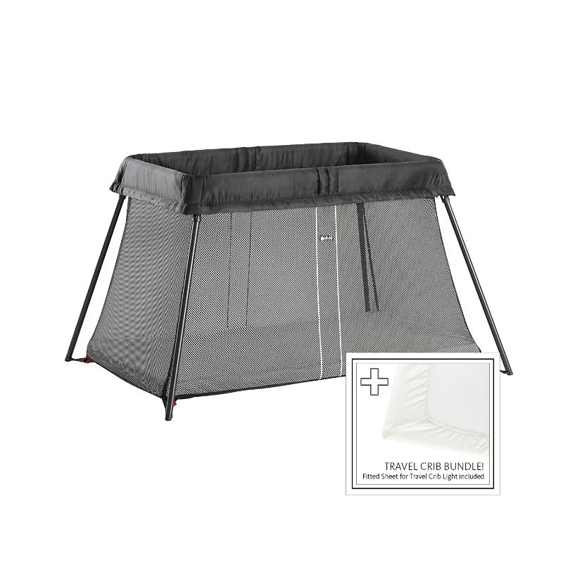 Photo 1 of BabyBjörn Travel Crib Light + Fitted Sheet Bundle Pack, Black,