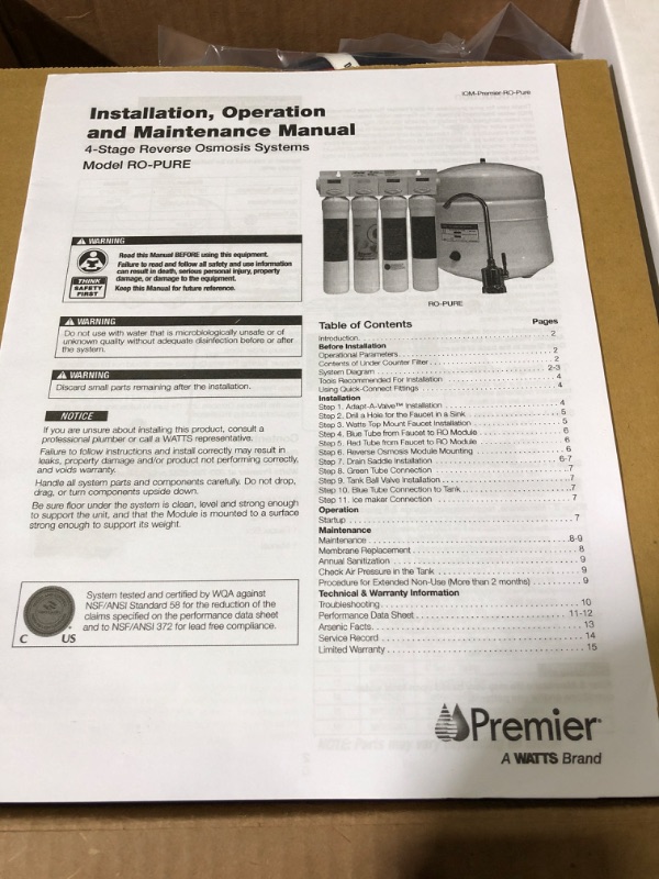 Photo 2 of **SEE NOTES**
Watts Premier WP531407 RO Pure Reverse Osmosis Water Filtration System with Top-Mount, Air-Gap Faucet, Brushed Nickel