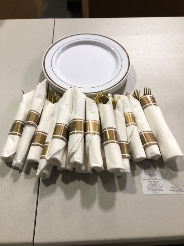 Photo 1 of 350 Piece Gold Dinnerware Set 100 Plastic Plates, 50Napkins, Spoons, Forks, Knives, 50 Gold 10 oz Plastic Cups