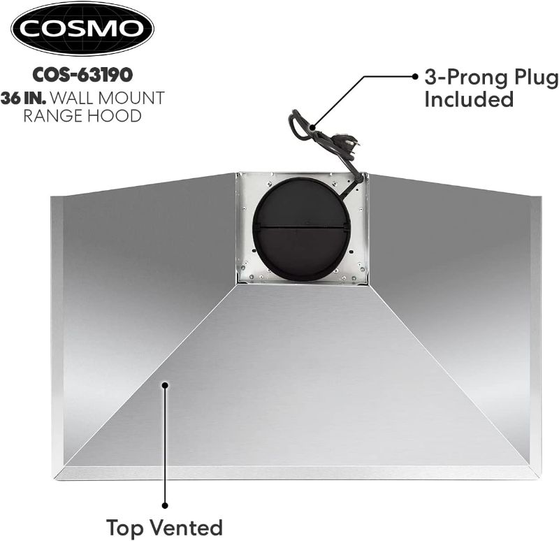 Photo 5 of (Read Notes) COSMO  Wall Mount Range Hood, Ducted Convertible LED Lights, Stainless Steel 36 inch Digital Range Hood