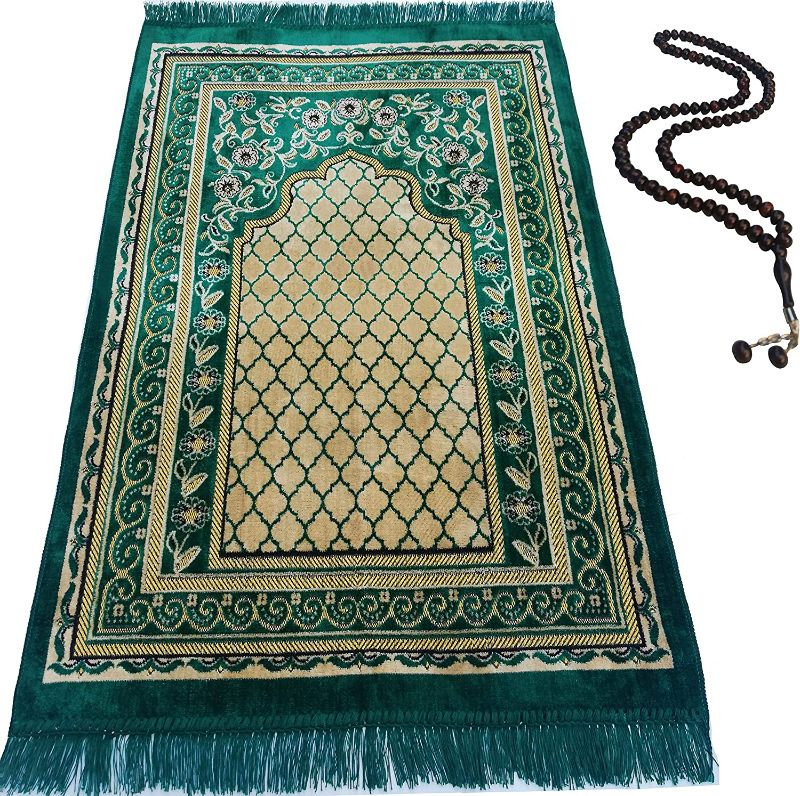 Photo 1 of AYKUL Muslim Prayer Rug-Janamaz Prayer-Islam Carpet-Portable Muslims Mats-Praying Rugs Islam-Sajadah-Gift Prayer Beads 99 (Green)
 