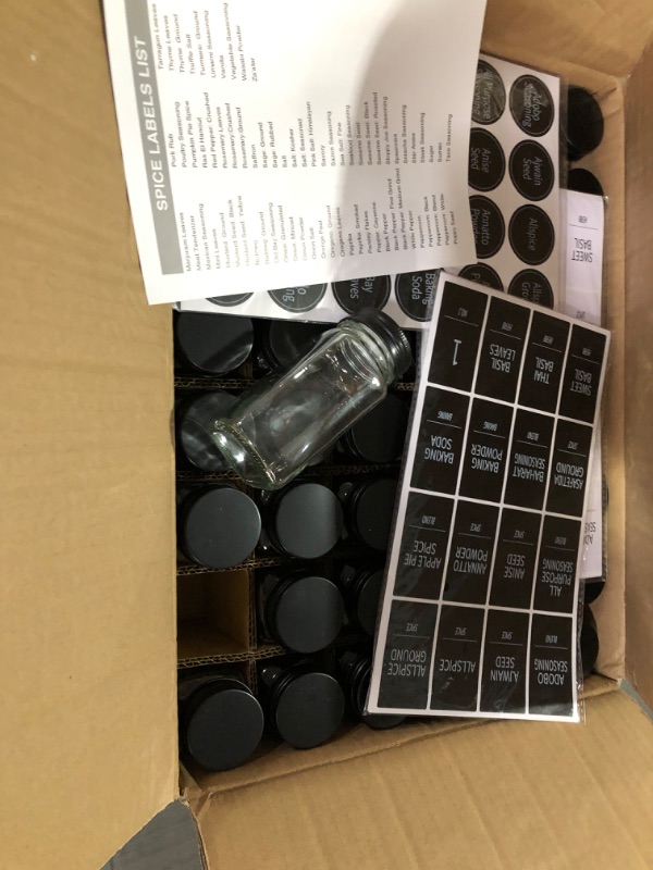 Photo 1 of AISIPRIN 24 Pcs Glass Spice Jars with 398 Labels, 4oz Empty Square Containers Seasoning Bottles - Shaker Lids, Funnel, Brush and Marker Included(Black Metal Caps