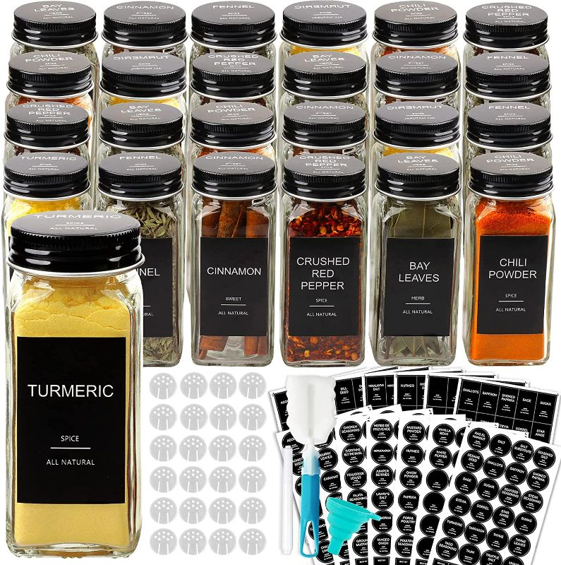 Photo 2 of AISIPRIN 24 Pcs Glass Spice Jars with 398 Labels, 4oz Empty Square Containers Seasoning Bottles - Shaker Lids, Funnel, Brush and Marker Included(Black Metal Caps