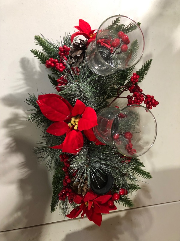 Photo 3 of *SEE NOTES* Christmas Table Centerpieces Decorations, 21 Inch Candelabrum with 3 Glass Candle Holders Designed Artificial Poinsettia