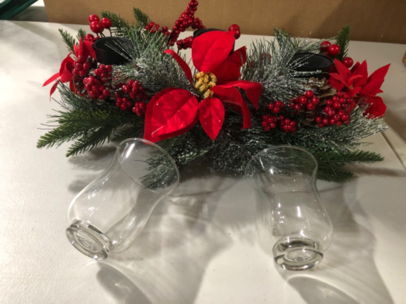 Photo 4 of *SEE NOTES* Christmas Table Centerpieces Decorations, 21 Inch Candelabrum with 3 Glass Candle Holders Designed Artificial Poinsettia