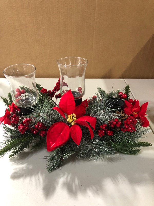 Photo 2 of *SEE NOTES* Christmas Table Centerpieces Decorations, 21 Inch Candelabrum with 3 Glass Candle Holders Designed Artificial Poinsettia