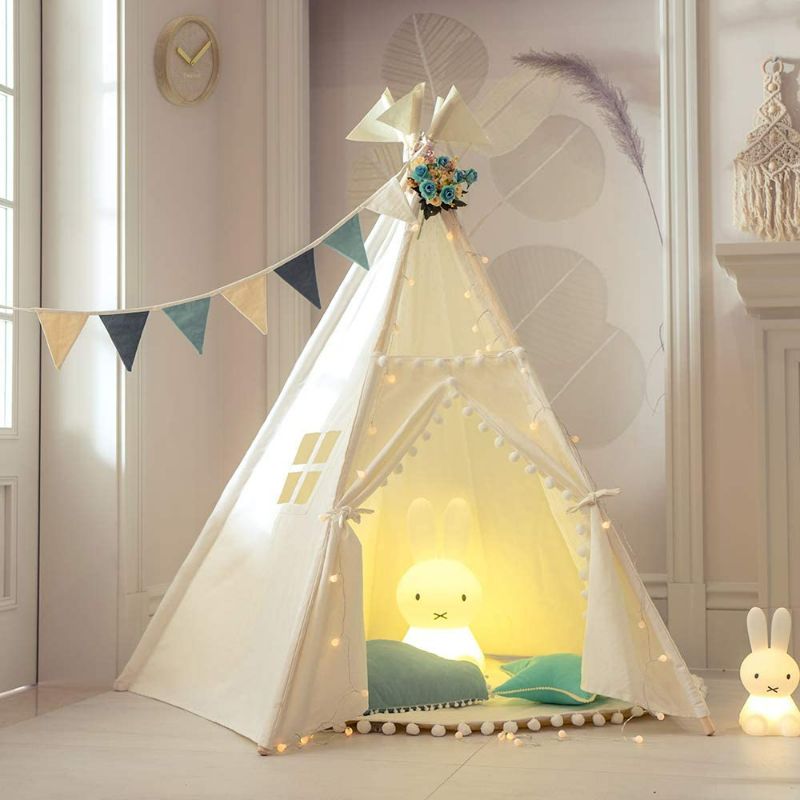 Photo 1 of *SEE NOTES* TreeBud Kids Teepee Play Tent with Mat Indoor Outdoor Five Poles Indian Tents Playhouse Pompom Lace Cotton Canvas Tipi with Carry Bag