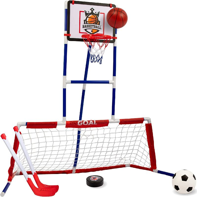 Photo 1 of Island Genius 3 in 1 Sports Center for Kids Outdoor Toys for Kids Toddler Ages 3 4 5 6 7 8 Years Old | Basketball Hoop, Soccer Goal, and Hockey
