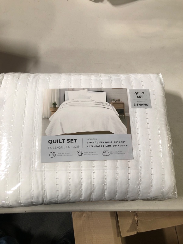 Photo 2 of 3-Piece Detailed Channel Stitch Quilt Set with Shams. White Full/Queen Quilt Set, All Season Bedspread Quilt Set, Alicia Collection (Full / Queen, White) Full / Queen Alicia - White