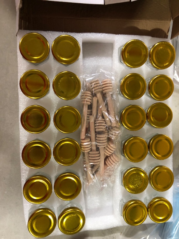 Photo 2 of [24 PACK] Gold Sarafi Baby Shower Favors for Guests | 1.5oz Mini Honey Jars with Dippers, Gold Lids, Safari/Jungle Themed Thank-You Tags and Twine