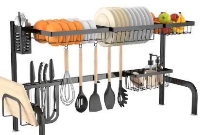 Photo 1 of 21 in. to 39 in. Over Sink Dish Drying Rack 2 Tier Adjustable Dish Rack with 8 Hooks