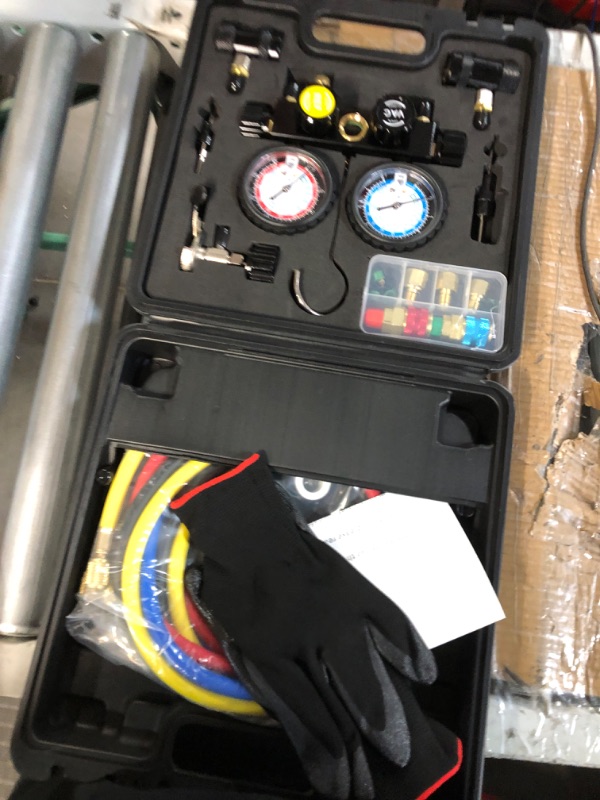 Photo 1 of LICHAMP AC R1234YF R134A Gauge Set, Automotive 4 Valve Manifold Gauge Compatible with R1234YF and R134A Refrigerants, Works on Car Freon Charging and Evacuation