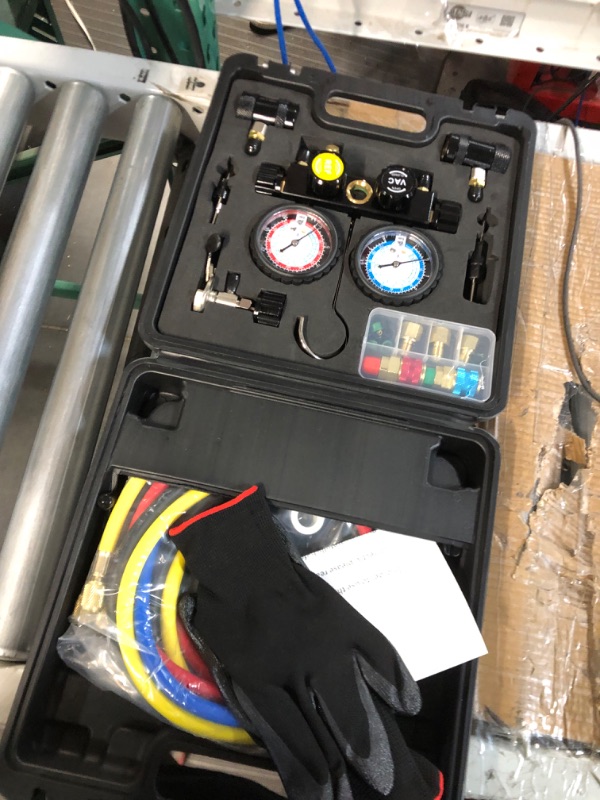 Photo 1 of LICHAMP AC R1234YF R134A Gauge Set, Automotive 4 Valve Manifold Gauge Compatible with R1234YF and R134A Refrigerants, Works on Car Freon Charging and Evacuation