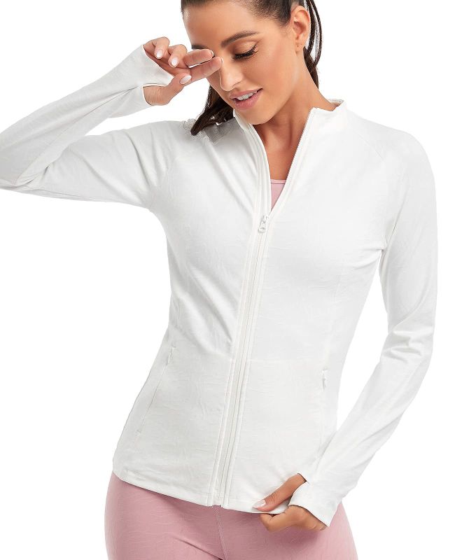 Photo 1 of BKRIVE Women's Full Zip Running Track Jacket Lightweight Shirt Sportwear with Pocket for Workout Yoga Hiking with Thumb Holes Large White