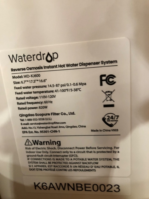 Photo 5 of ***UNTESTED - SEE NOTES***
Waterdrop WD-KJ600 Reverse Osmosis Instant Hot Water Dispenser with Remineralization Filter