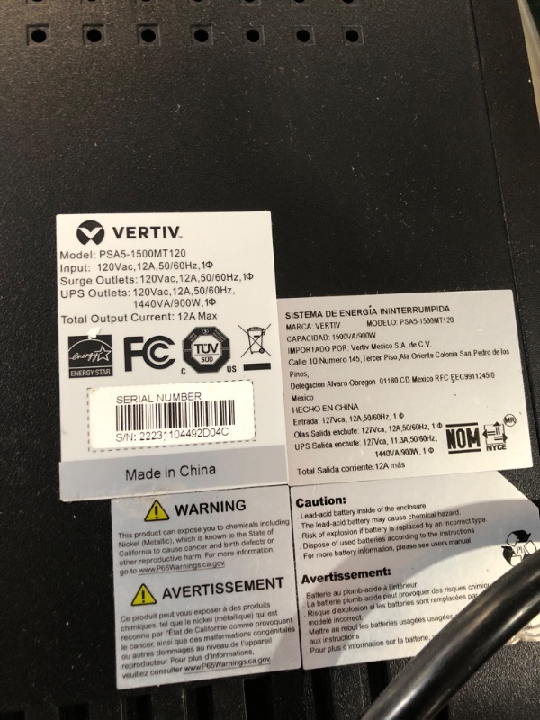 Photo 2 of **FOR PARTS**Vertiv Liebert PSA5 1500VA 900W line-Interactive UPS with AVR Technology 