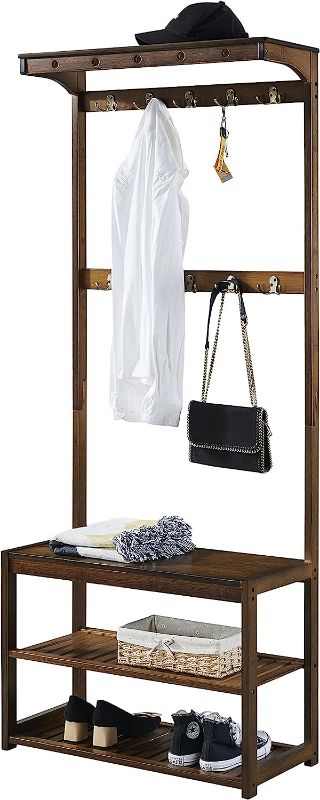 Photo 1 of **MISSING HARDWARE**
SEIRIONE Bamboo Coat Rack Shoe Bench, 5 in 1 Design Hall Tree Entryway Storage Organizer, 10 Double Hooks, 1 Top Shelf, Easy