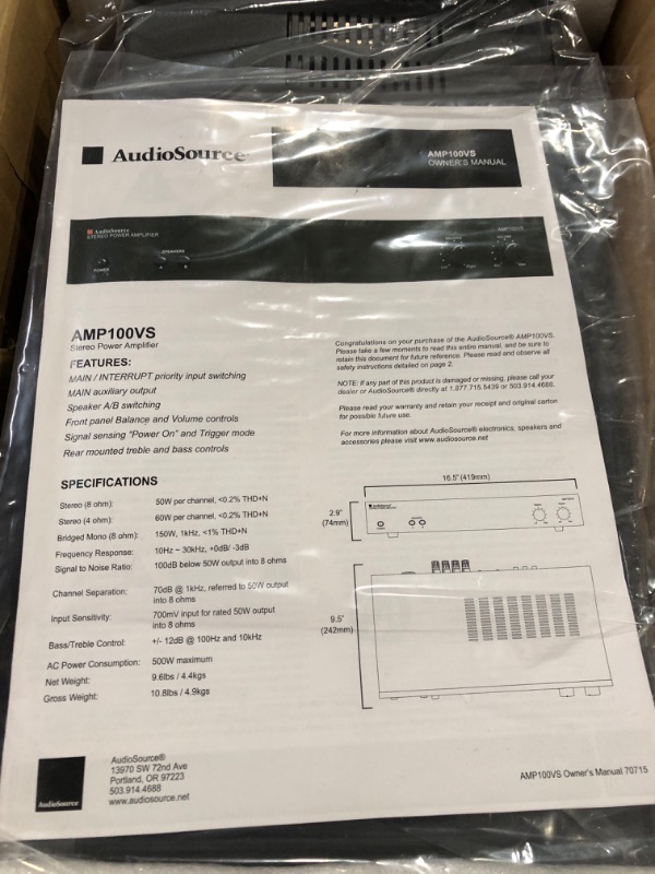 Photo 2 of AudioSource Analog Amplifier, Stereo Power A Amplifier AMP100VS for Home Sound Systems