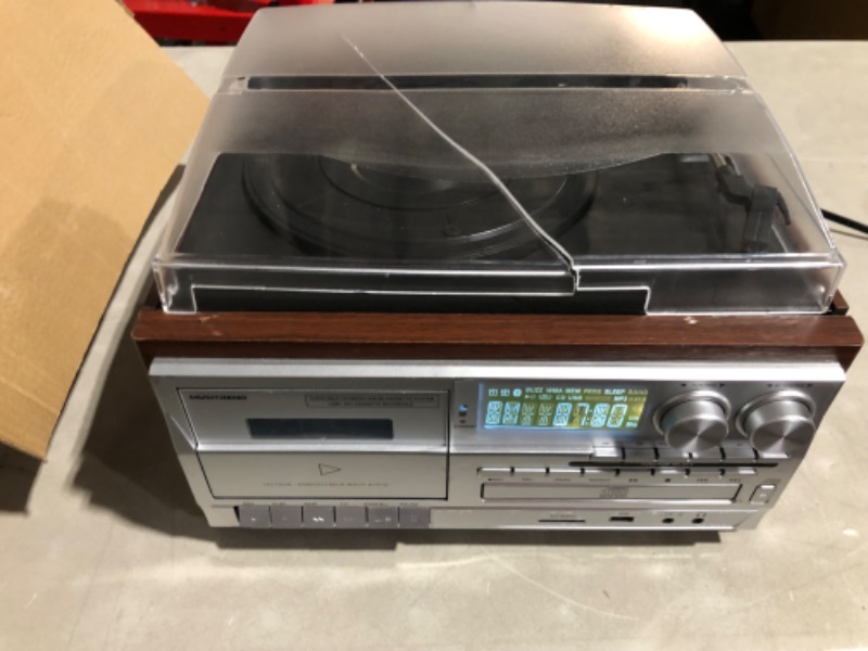 Photo 3 of **USED**
MUSITREND Record Player 9 in 1 3 Speed Bluetooth Vintage Turntable CD Cassette Vinyl Player AM/FM Radio USB/SD Encoding Aux-in RCA Line-Out (Silver)