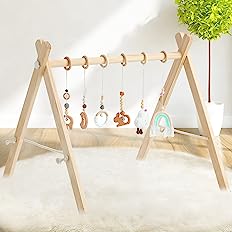 Photo 2 of  Baby Play Gym Wooden Baby Gym with 6 Infant Activity Toys,Foldable Frame Hanging Bar,Toddler Activity Center with Pull Ring,Wood Gyms for Newborn Gift, Girl & Boy Shower Gift,Easy to Assemble