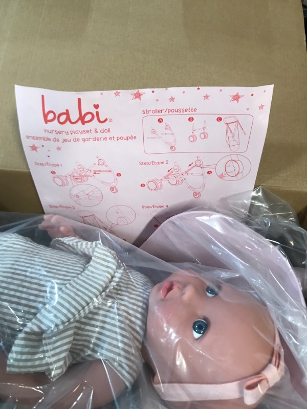 Photo 3 of BABI by Battat – Doll Nursery Playset Playpen, High Chair,Jogger Stroller Accessories 14-inch Baby Girl Medium-Light Skin Tone Bright Blue Eyes & Removable Outfit Children’s Toys for Ages 2+