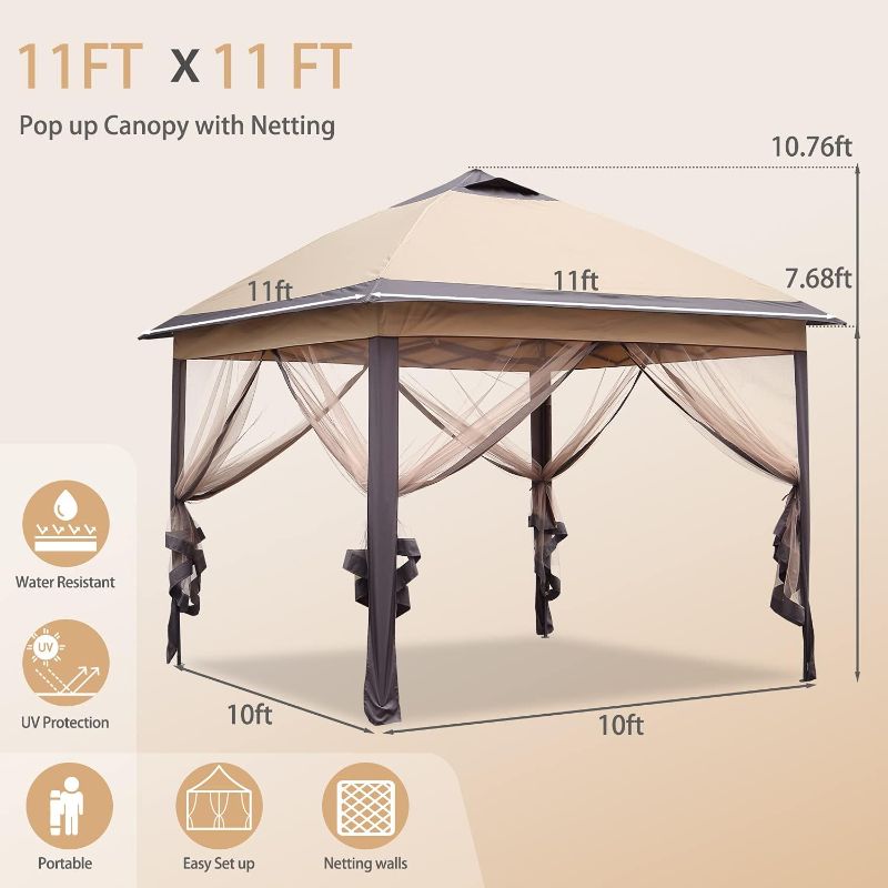 Photo 1 of 11'x11' Patio Gazebo 2-Tier Outdoor Pop up Canopy Tent with Netting Sidewalls Brown