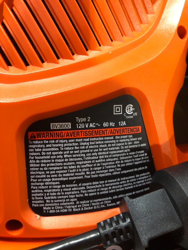 Photo 4 of ***item does not work***sold for parts***
BLACK+DECKER 3-in-1 Electric Leaf Blower with Blower/Vacuum Leaf Collection System (BV3600 & BV-006L)