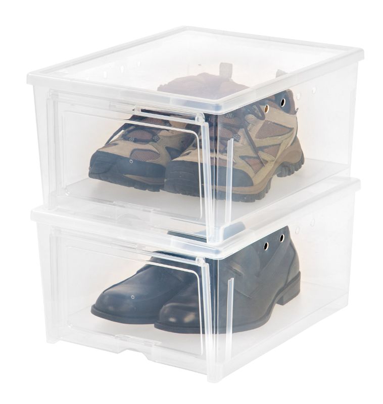 Photo 1 of (SEE NOTES) IRIS USA 2 Pack Shoe Storage Box, Clear Plastic Stackable Shoe Organizer Wide - 2 Pack Clear