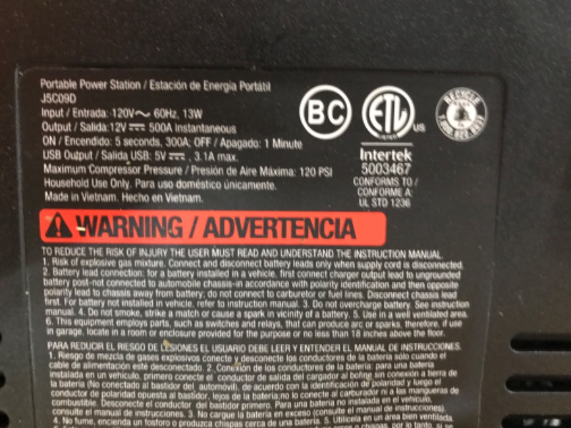 Photo 2 of STANLEY J5C09D Digital Portable Power Station Jump Starter: 1200 Peak/600 Instant Amps