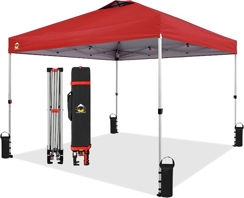 Photo 1 of 
CROWN SHADES Patented 10ft x 10ft Outdoor Pop up Portable Shade Instant Folding Canopy with Carry Bag, Bonus 8 Stakes 4 Sandbags and 4 Ropes, Red
