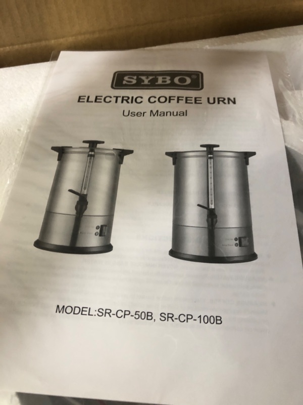Photo 2 of (LOOKS NEW)SYBO 2022 Upgrade SR-CP100C Commercial Grade Stainless Steel Percolate Coffee Maker Hot Water Urn for Catering, 100-CUP 16 L, Metallic