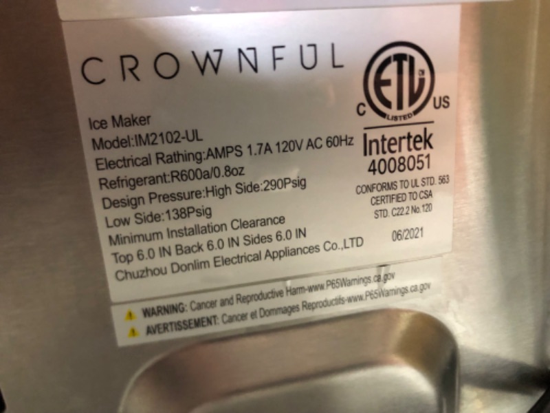 Photo 4 of **FOR PARTS OR REPAIR**SEE NOTES**
CROWNFUL Ice Maker Machine, 9 Bullet Ice Cubes S/L Ready in 7 Minutes