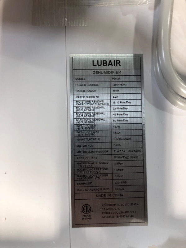 Photo 5 of **PARTS ONLY, DAMAGED AND NON-FUNCTIONAL** LUBAIR 4500 Sq.ft Dehumidifier