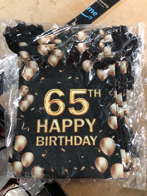 Photo 2 of 65th Happy Birthday Gift Bags, Gift Bags for Birth Date, Pouches with Drawstring With Black Background And Golden Balloons, Party Favors, Set of 5 (birth65)