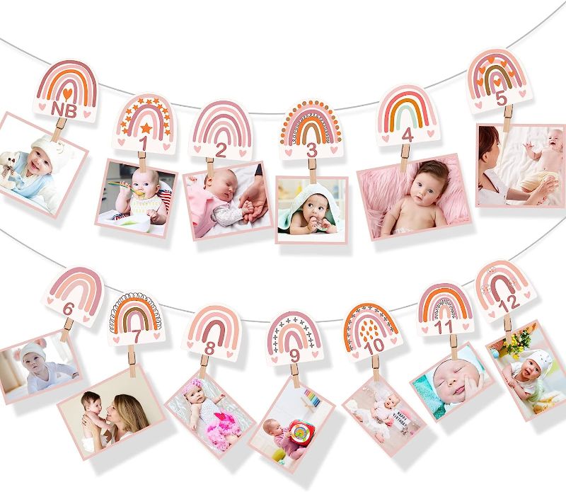 Photo 1 of 13 Pcs Boho Rainbow First Birthday Photo Supplies Bohemian Rainbow Baby Monthly Milestone Photo Banner Pink Garland from Newborn to 12 Months for Boho Birthday Party Supplies Photo Booth Props Decor