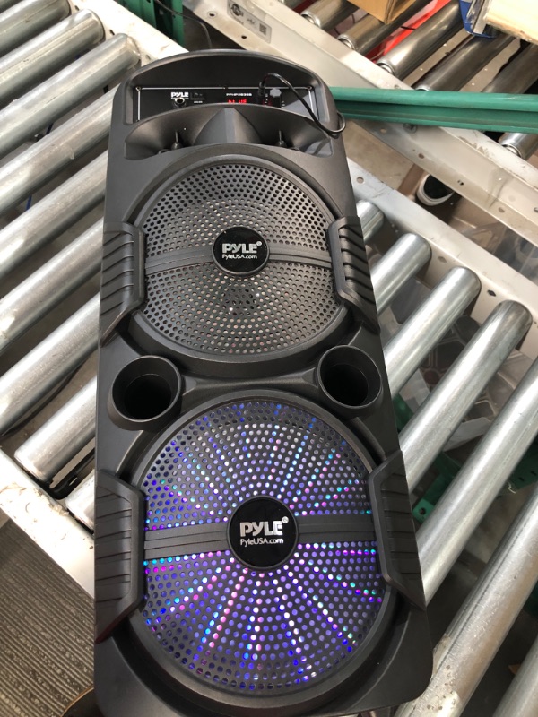 Photo 4 of Pyle Portable Bluetooth PA Speaker System - 600W Rechargeable w/ Dual 8” Subwoofer 1” Tweeter, Microphone In, Party Lights, USB, Radio, Remote