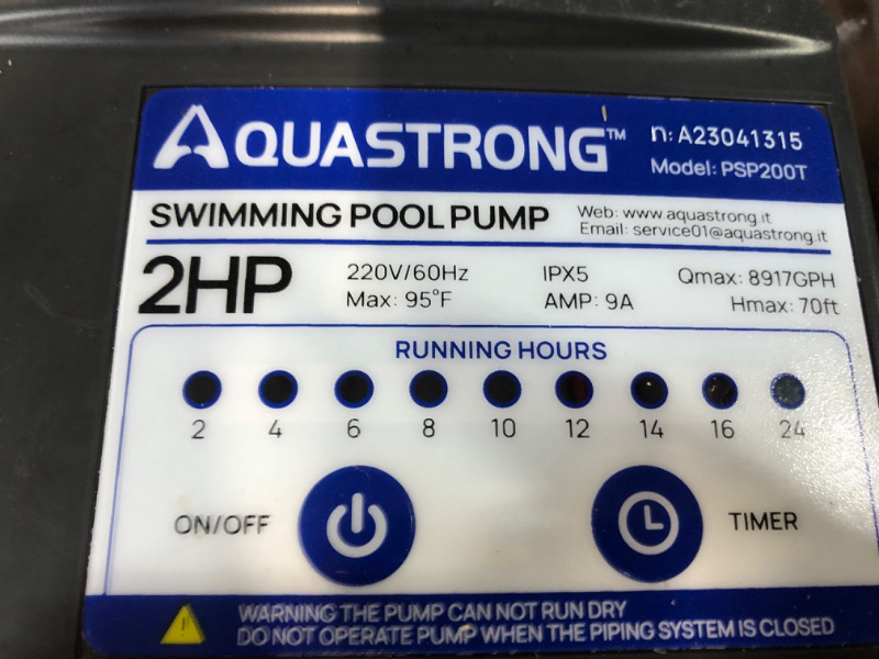 Photo 4 of (PARTS ONLY) AQUASTRONG 2 HP In/Above Ground Pool Pump with Timer,