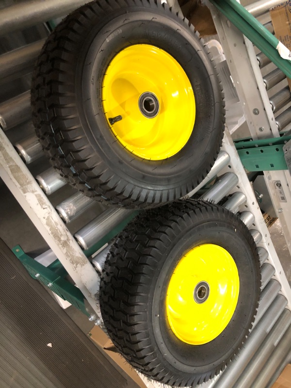 Photo 1 of MaxAuto 2Pcs 16x6.50-8 Tire and wheel for Lawn Riding Mowers Garden Tractors, 4" Centered Hub with 1" Axle Bore,Yellow Rim