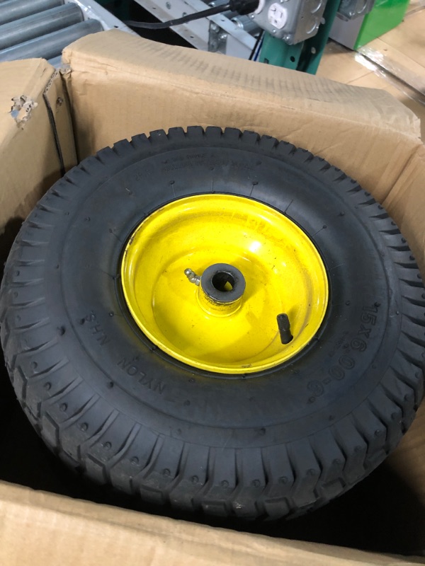 Photo 2 of (2 Pack) AR-PRO Exact Replacement 15" x 6.00 - 6" Front Tire and Wheel Assemblies for John Deere Riding Mowers - Compatible with John Deere 100 and D100 Series - 3” Hub Offset and 3/4” Bushings 15" x 6.00-6" Yellow