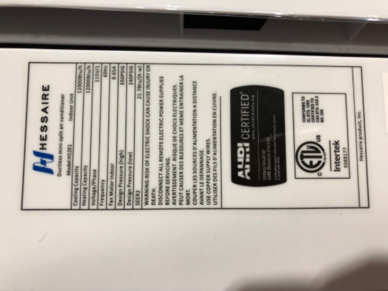 Photo 7 of ***CONDENSER MISSING - SEE NOTES***
HESSAIRE DIY 12,000 BTU 1.0 Ton Ductless Mini Split Air Conditioner and Heat Pump with Variable Speed Inverter and Remote - 115V