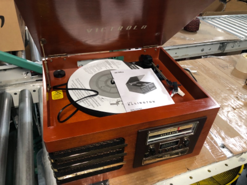 Photo 3 of Victrola Wooden Music Center + Improved Stereo Sound, Bluetooth Out, Improved Platter (Ellington), Mahogany (VTA-380SB-MAH-SDF)