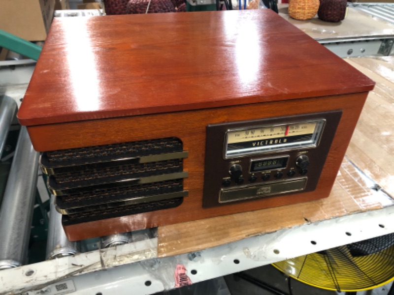 Photo 4 of Victrola Wooden Music Center + Improved Stereo Sound, Bluetooth Out, Improved Platter (Ellington), Mahogany (VTA-380SB-MAH-SDF)