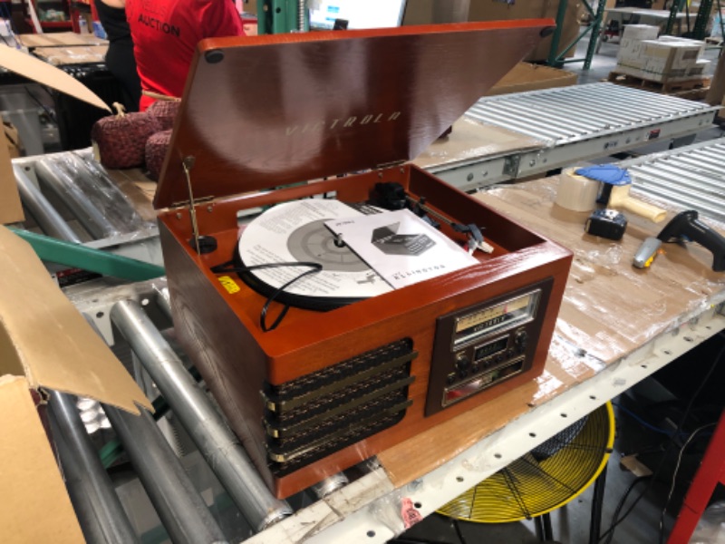 Photo 2 of Victrola Wooden Music Center + Improved Stereo Sound, Bluetooth Out, Improved Platter (Ellington), Mahogany (VTA-380SB-MAH-SDF)