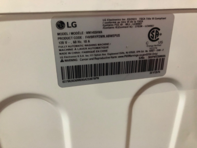 Photo 9 of ***DAMAGED - SCRATCHED AND SCUFFED - POWERS ON - UNABLE TO TEST FURTHER***
LG 2.4-cu ft Stackable Steam Cycle Smart Front-Load Washer (White) ENERGY STAR
24" x 33 1/2" x 22 1/4" (60 cm x 85 cm x 56.5 cm)