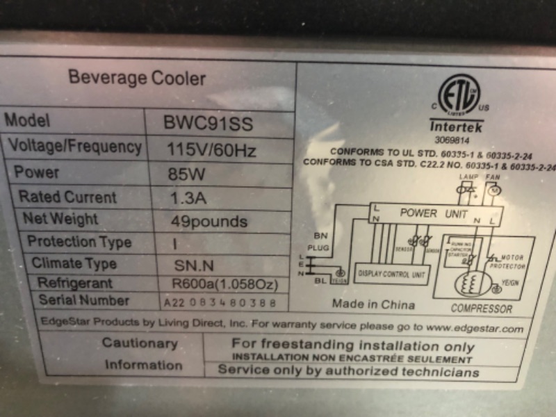 Photo 5 of **DAMAGED** EdgeStar 17-in W 80-Can Capacity Black Cabinet; Stainless Steel Door Freestanding Beverage Refrigerator with Glass Door