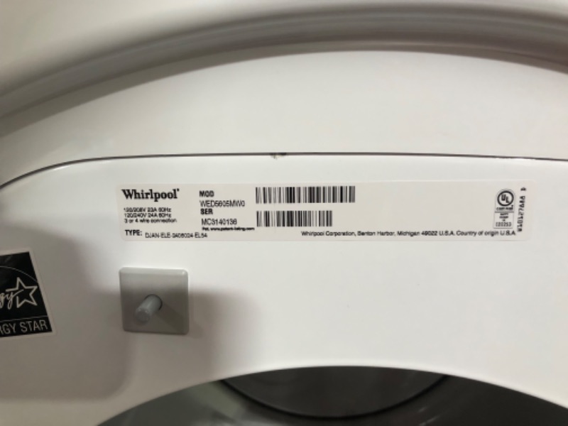 Photo 7 of *MISSING POWER CORD*
Whirlpool 7.4-cu ft Stackable Electric Dryer (White) ENERGY STAR
