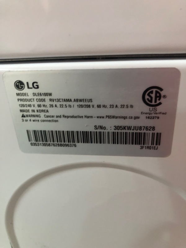 Photo 17 of *MINOR DENT SEE LAST PHOTO*
7.3 cu. ft. Ultra Large Capacity Rear Control Electric Energy Star Dryer with Sensor Dry MODEL #: DLE6100W / SERIAL #: 305KWJU87628