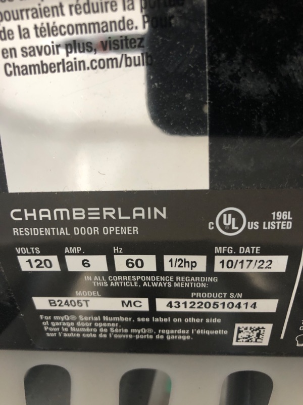 Photo 5 of (PARTS ONLY) Chamberlain B2405 Garage Door Opener 0.5 HP Belt Drive WiFi Compatible